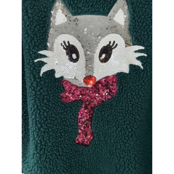 Women Ugly Sweatshirt Time & Tru M (8-10) Green W/ Sequin Fox Christmas Preowned - Picture 5 of 7